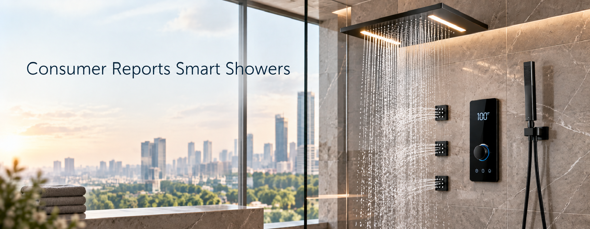 Consumer Reports Smart Showers banner featuring a digital shower controller, rainfall shower head, and multifunctional shower system