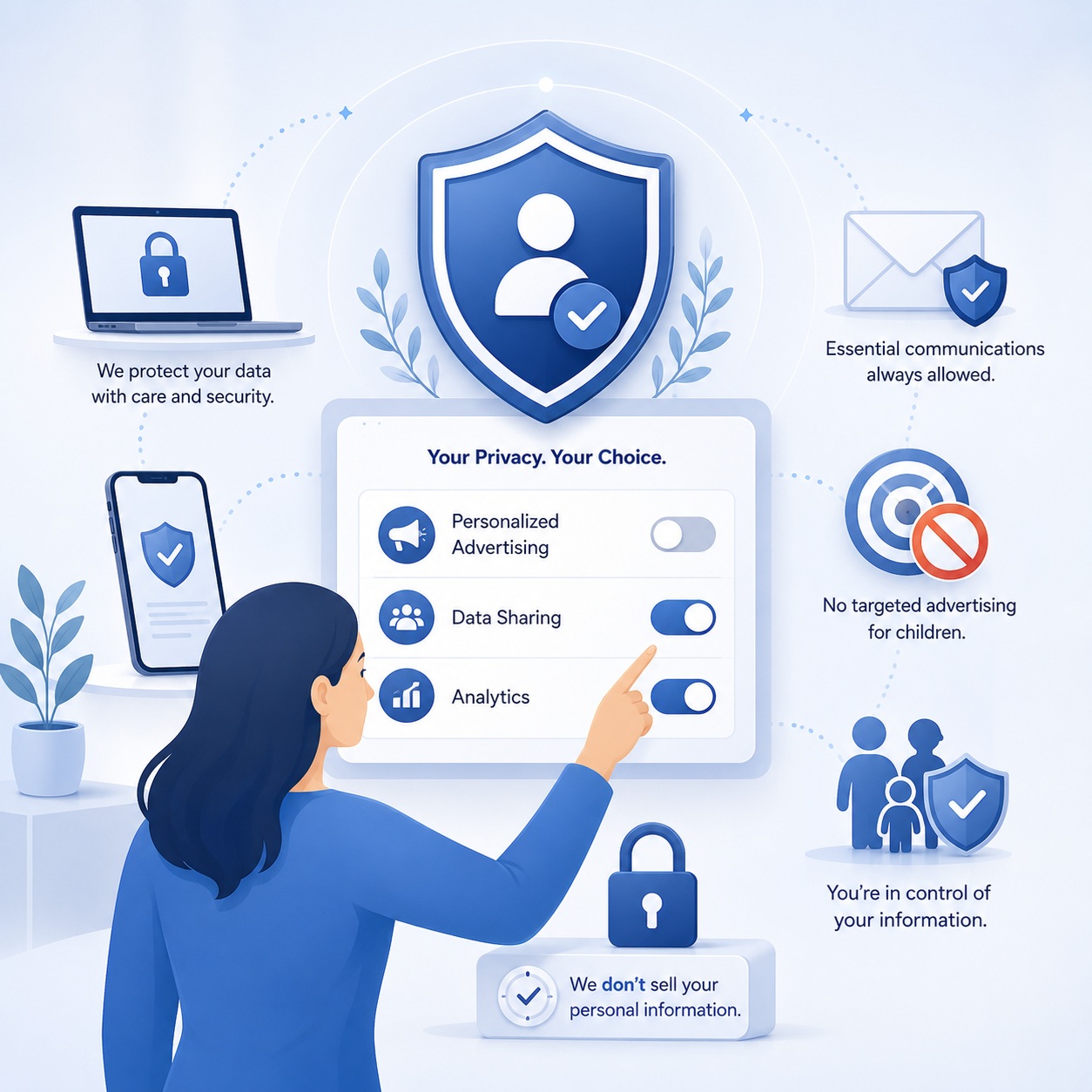Illustration of BathSelect data privacy choices showing user-controlled privacy settings, consent preferences, secure data protection, and personalized advertising options