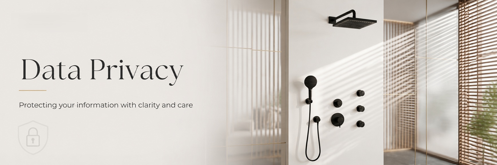 BathSelect Data Privacy banner featuring a modern matte black shower system in a clean architectural bathroom