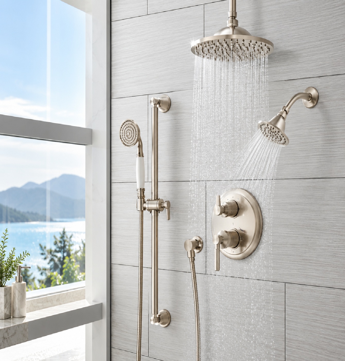 BathSelect designer brand shower system with brushed nickel rainfall shower, handheld shower, secondary showerhead and coordinated controls