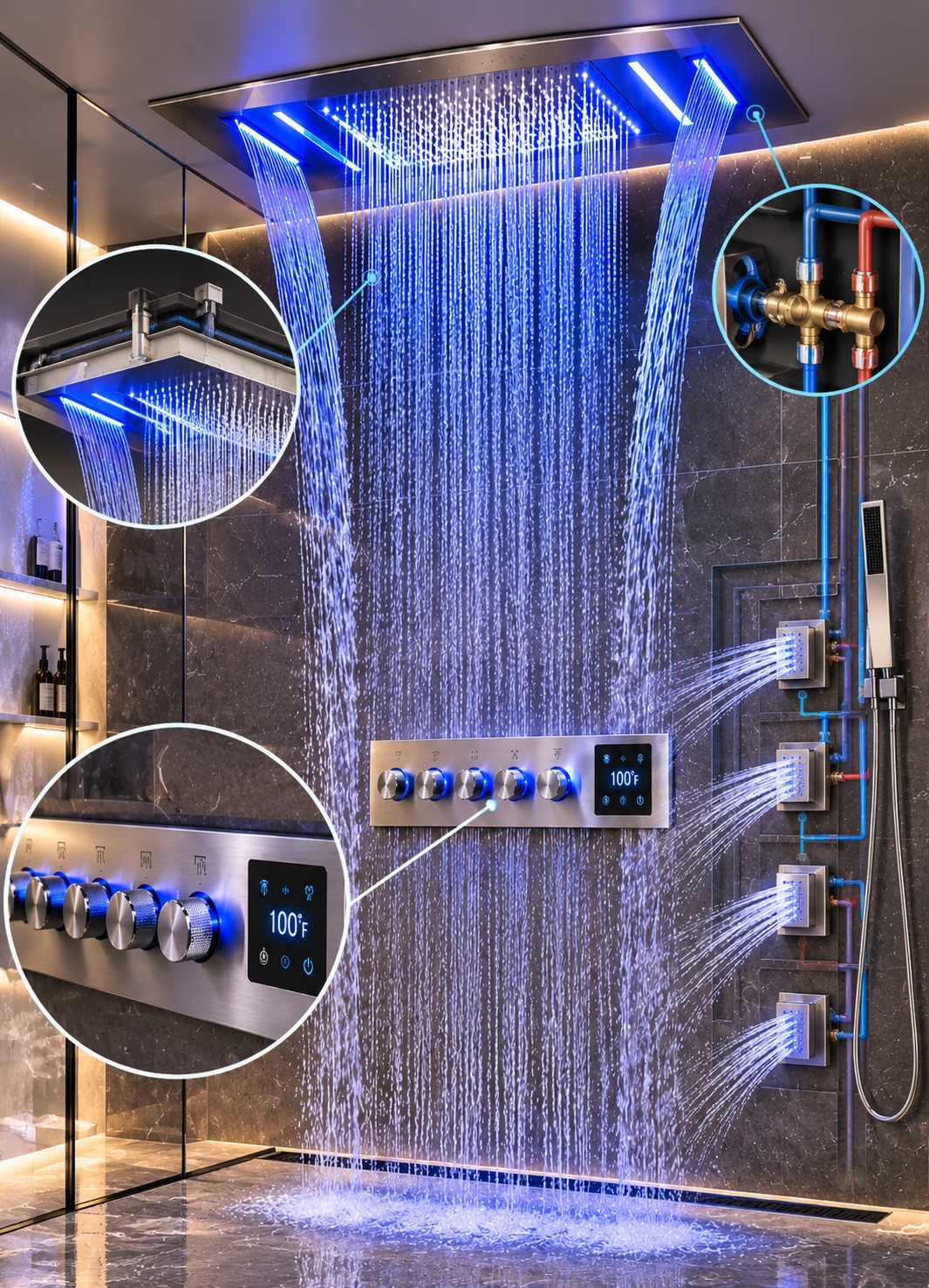 BathSelect Designer Multi-Function LED Shower System showing rainfall waterfall body jets digital control valve configuration and concealed installation details