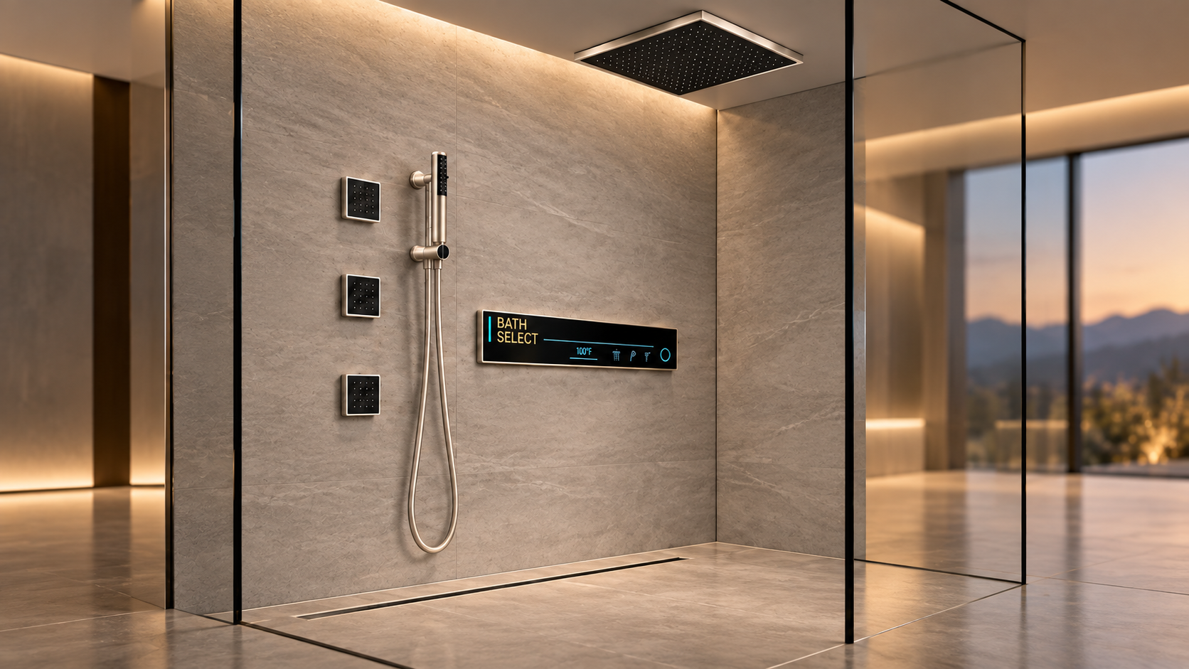 BathSelect satin nickel shower system with body sprays and digital control panel