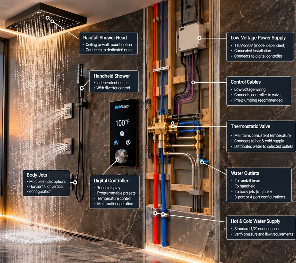 BathSelect digital shower configuration and specification showing digital controller thermostatic valve water outlets power connections and concealed rough-in