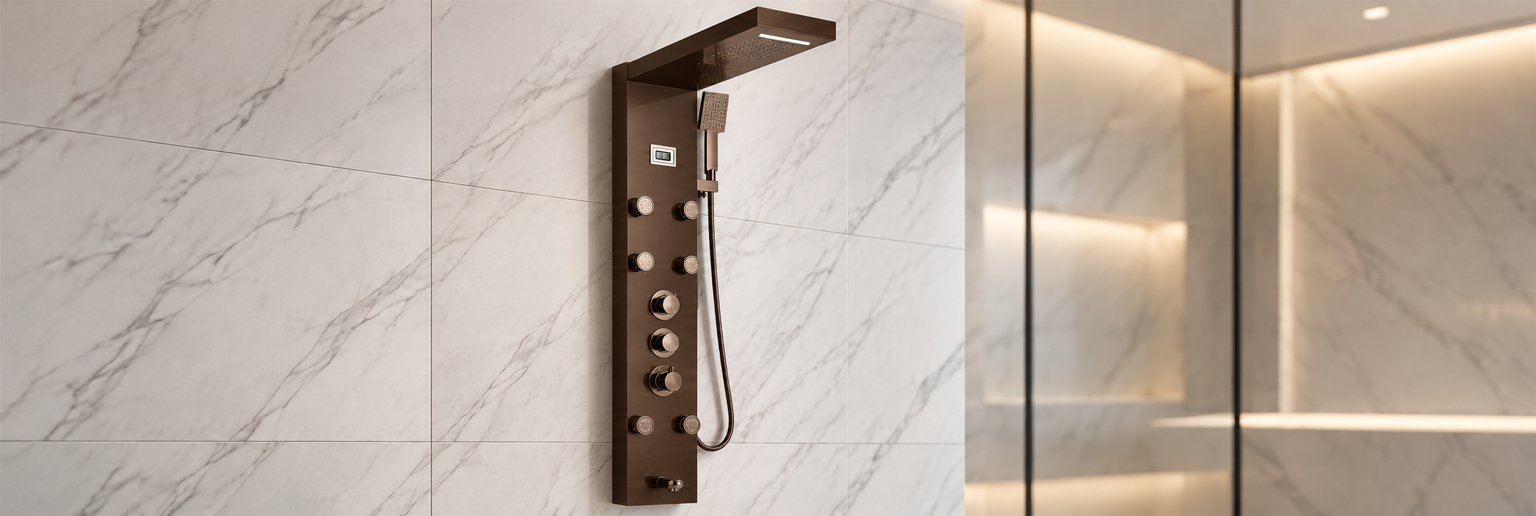 Copper-tone square rainfall shower with four body jets and handheld sprayer