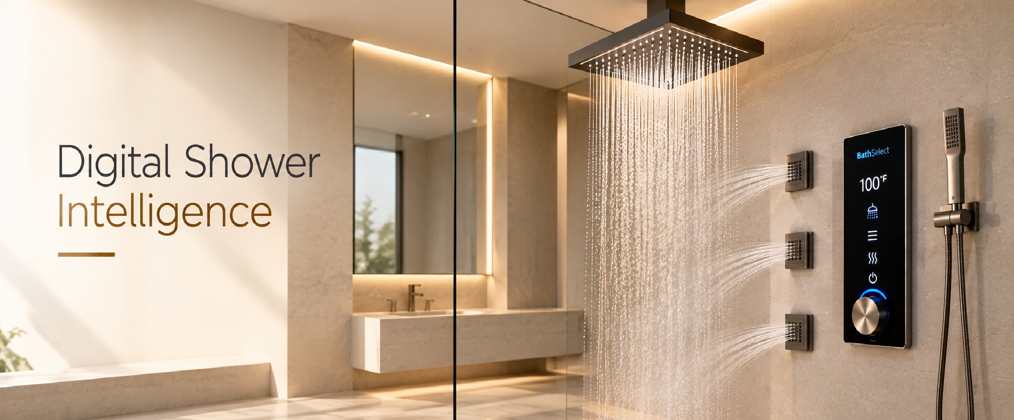 BathSelect Digital Shower Intelligence luxury smart shower system with digital temperature control, rainfall showerhead, body jets and handheld shower