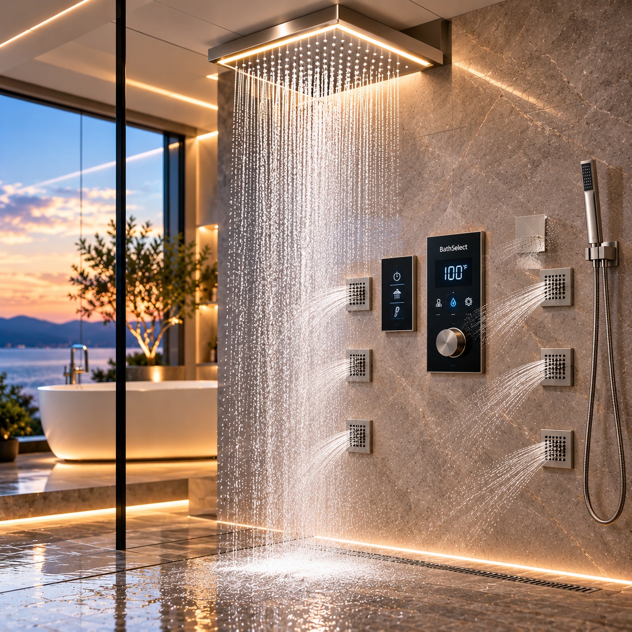 BathSelect digital smart shower system with integrated digital controller rainfall shower and coordinated outlets