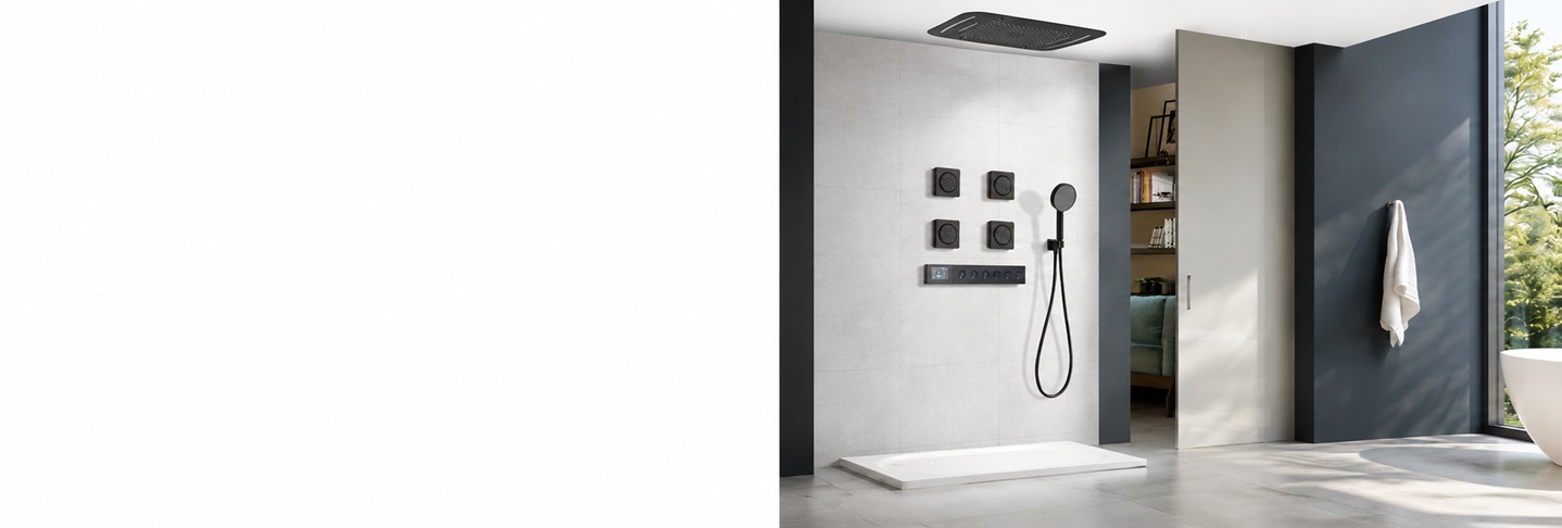 BathSelect Annecy matte black LED thermostatic digital shower set with rainfall waterfall body jets and smart controls