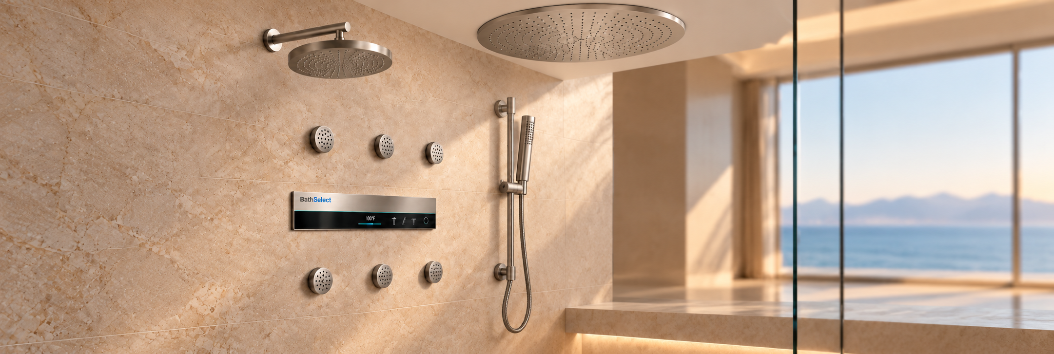 Brushed nickel rainfall shower system with body massage jets and handheld shower sprayer