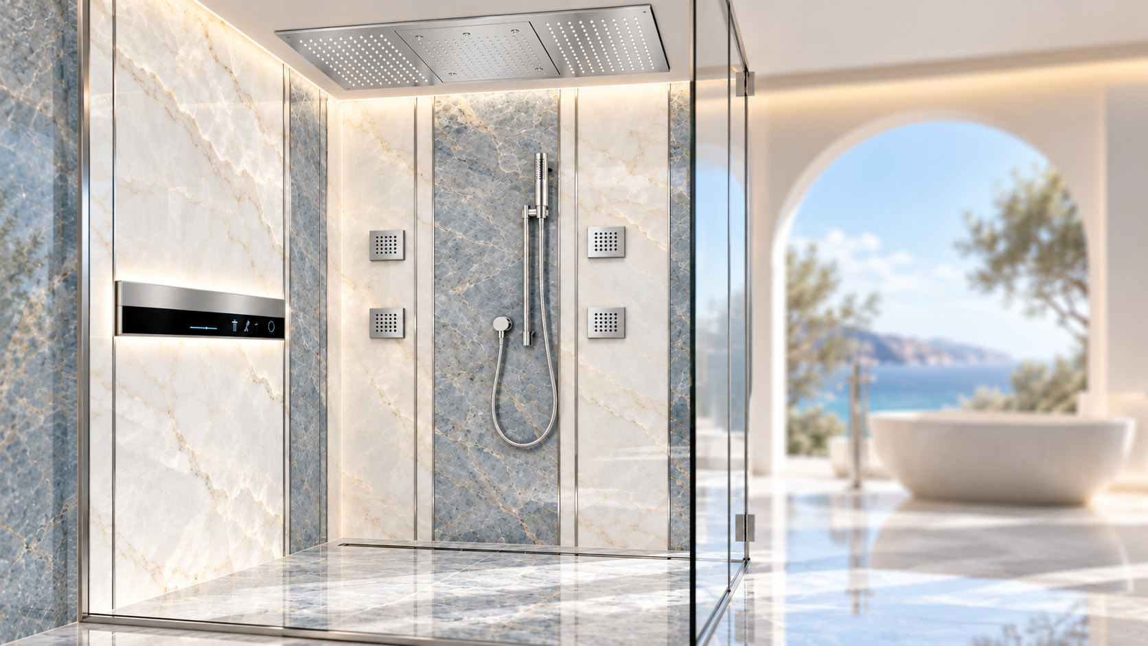 Gold waterfall and rainfall shower system with body massage jets in a tropical resort bathroom