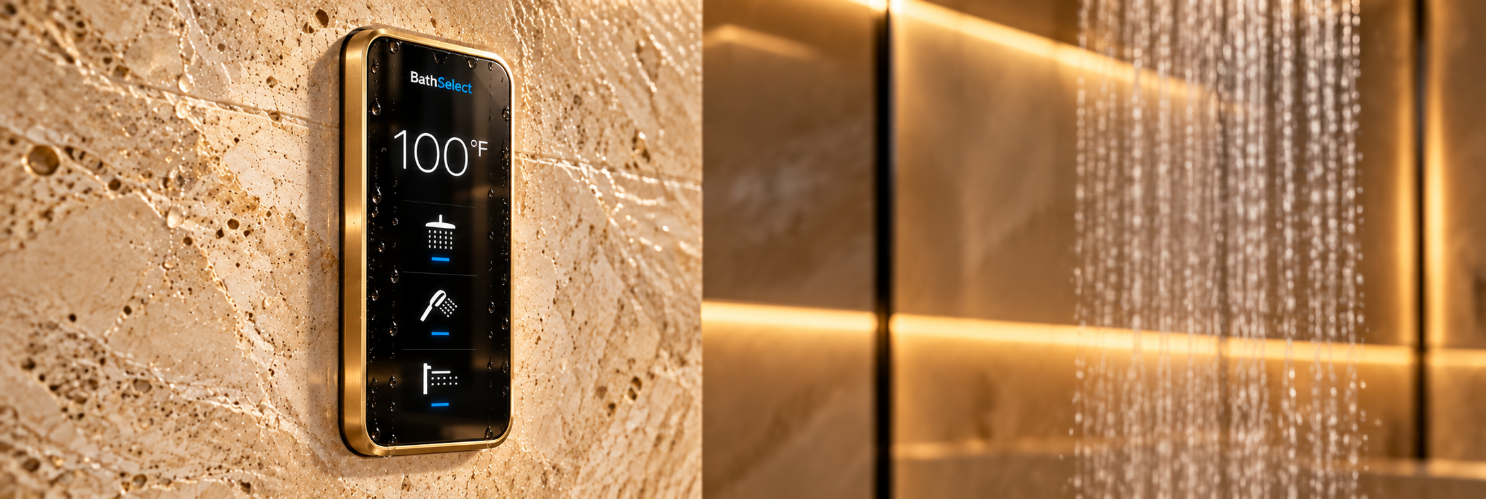 Gold-trimmed digital shower control panel with rainfall, handheld shower and body spray settings