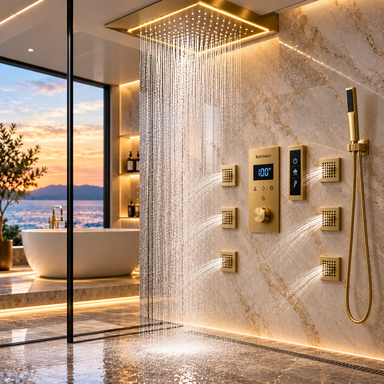 BathSelect brushed gold digital smart shower system with controller rainfall shower and coordinated outlets
