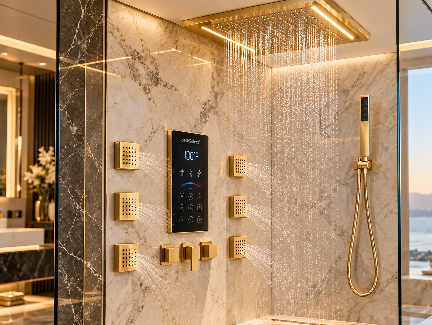 BathSelect gold digital smart shower system with digital temperature control panel
