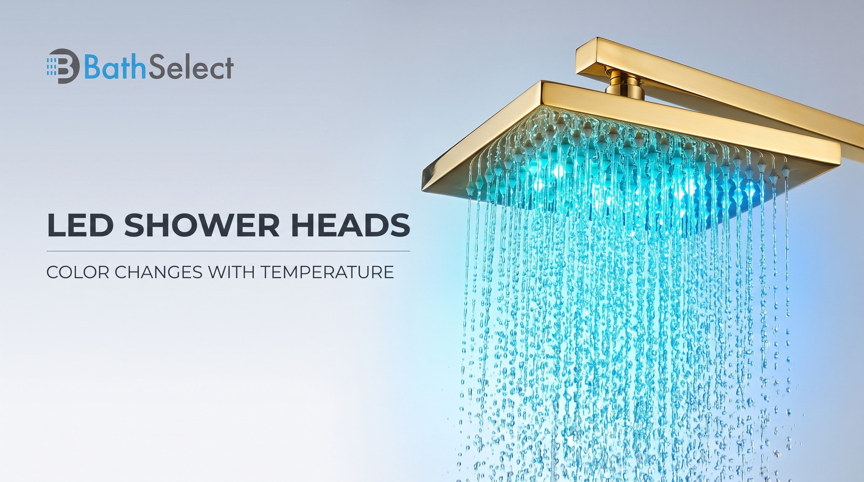 Gold BathSelect LED shower head pouring water lit turquoise by color-changing temperature LEDs