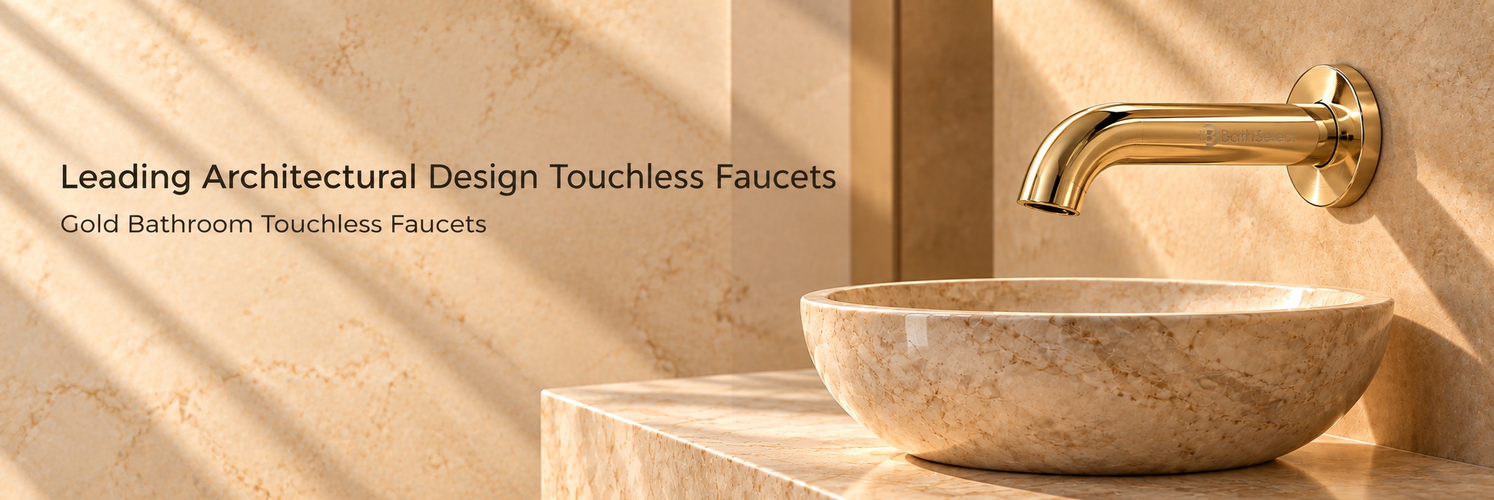 BathSelect gold wall-mounted touchless faucet above a stone vessel basin