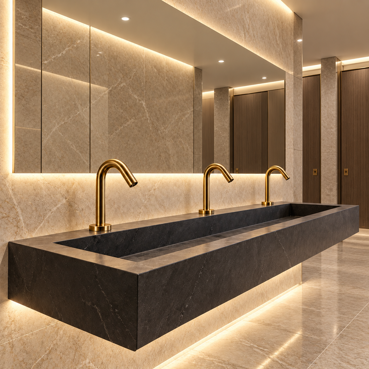 Architectural visualization of gold touchless faucets above a long stone basin