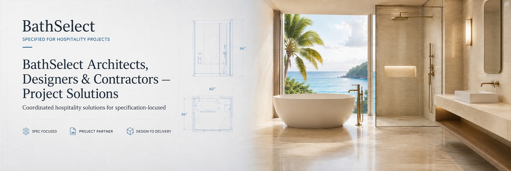athSelect hospitality bathroom project solution with freestanding bathtub, walk-in shower, vanity, and technical plans for architects, designers, and contractors