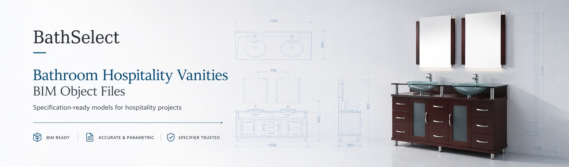 BathSelect double-sink hospitality bathroom vanity with BIM-ready parametric drawings for architectural and interior design specifications