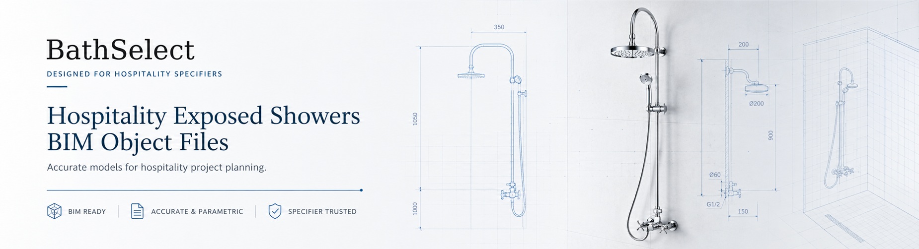 BathSelect exposed shower system with BIM object files, parametric dimensions, and specification-ready models for hospitality AEC projects