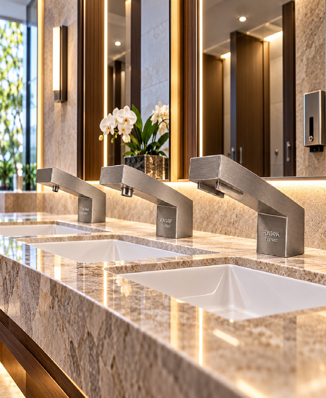 BathSelect hospitality hotel sinks with Fontana touchless faucets in a luxury commercial restroom