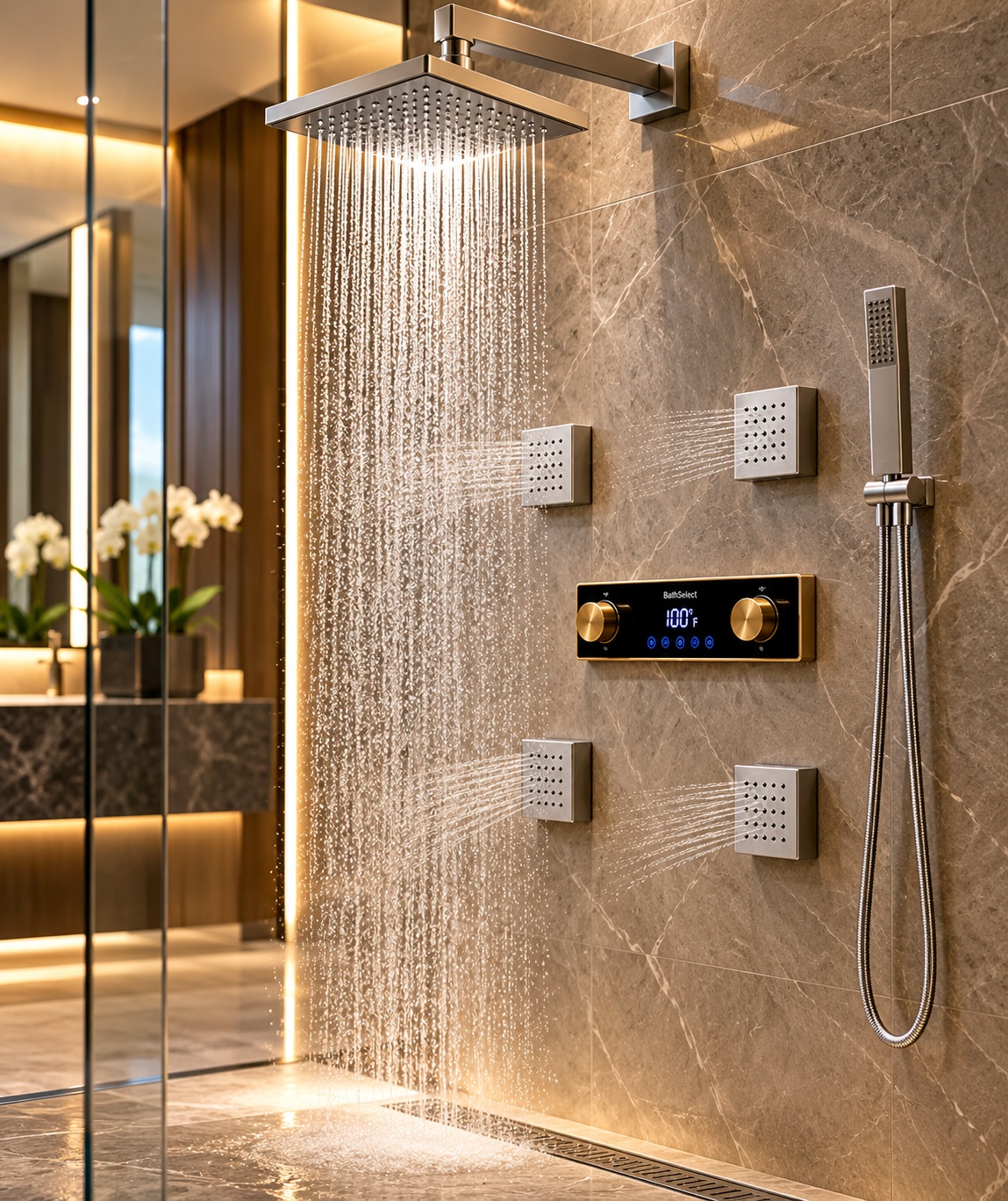 BathSelect hospitality luxury smart shower system with rainfall shower, body jets, handheld shower and digital temperature control