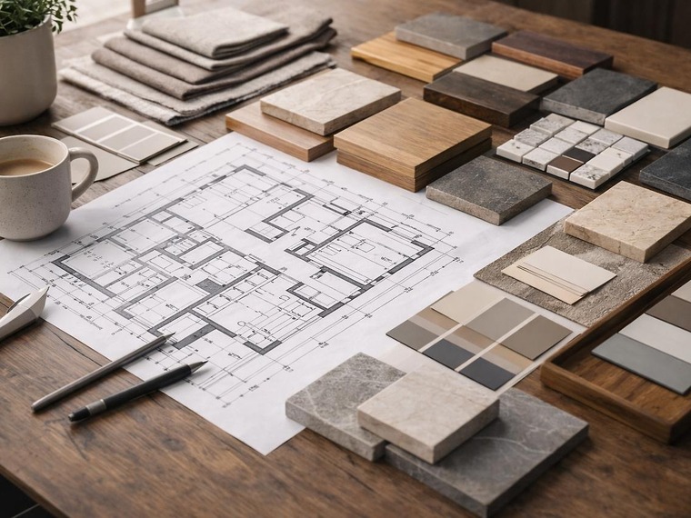 Bathroom design specification workspace with fixture plans and finish selections