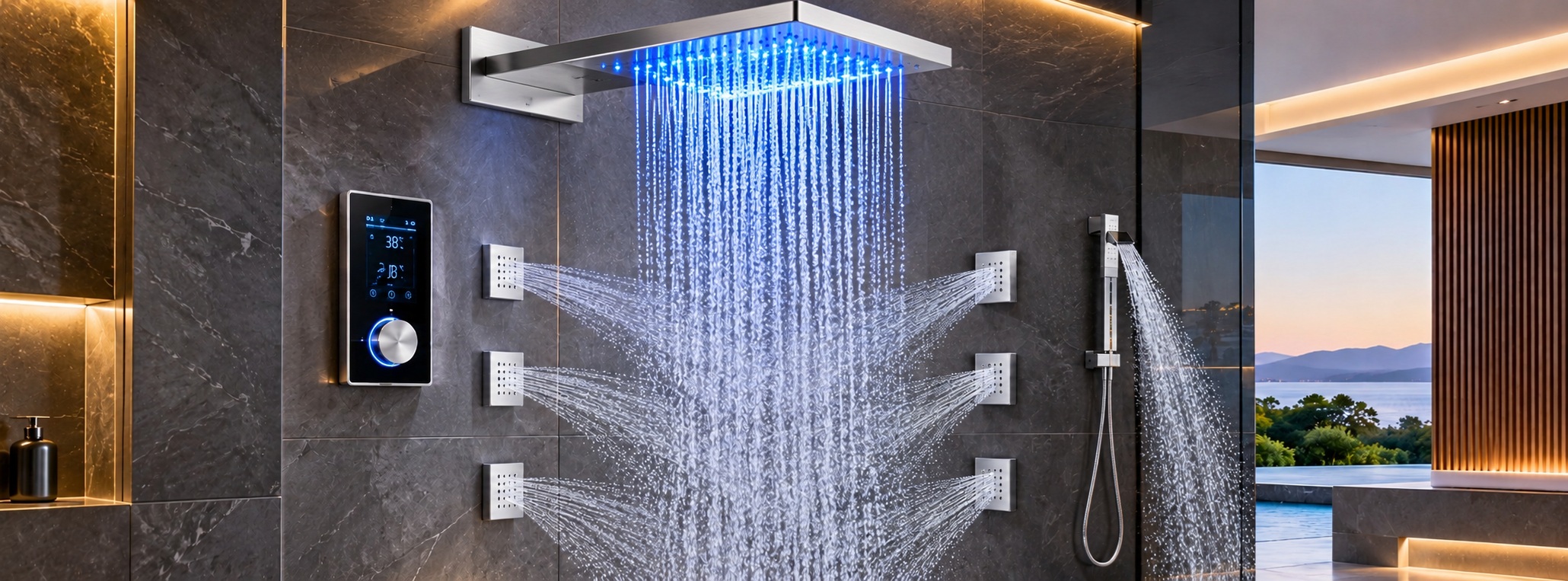 BathSelect Lano LED rainfall shower head in a luxury hospitality bathroom with digital control and coordinated shower functions