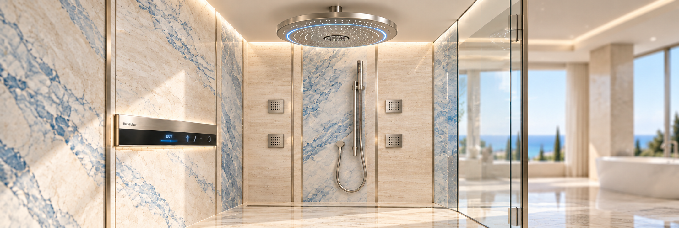 BathSelect satin nickel round LED halo rainfall shower head in a seaside bathroom