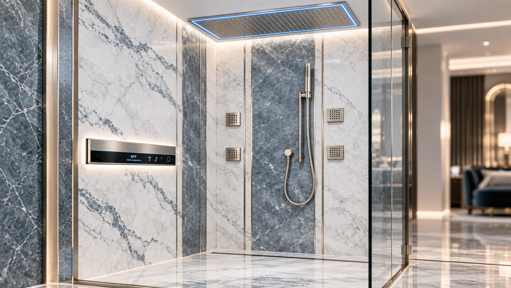 BathSelect exposed shower systems for hotels hospitality and guest bathrooms