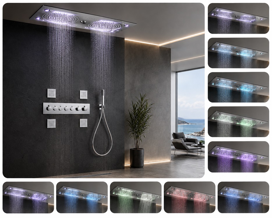 Magenta polished chrome recessed ceiling rainfall shower system with LED lighting body jets and hand shower