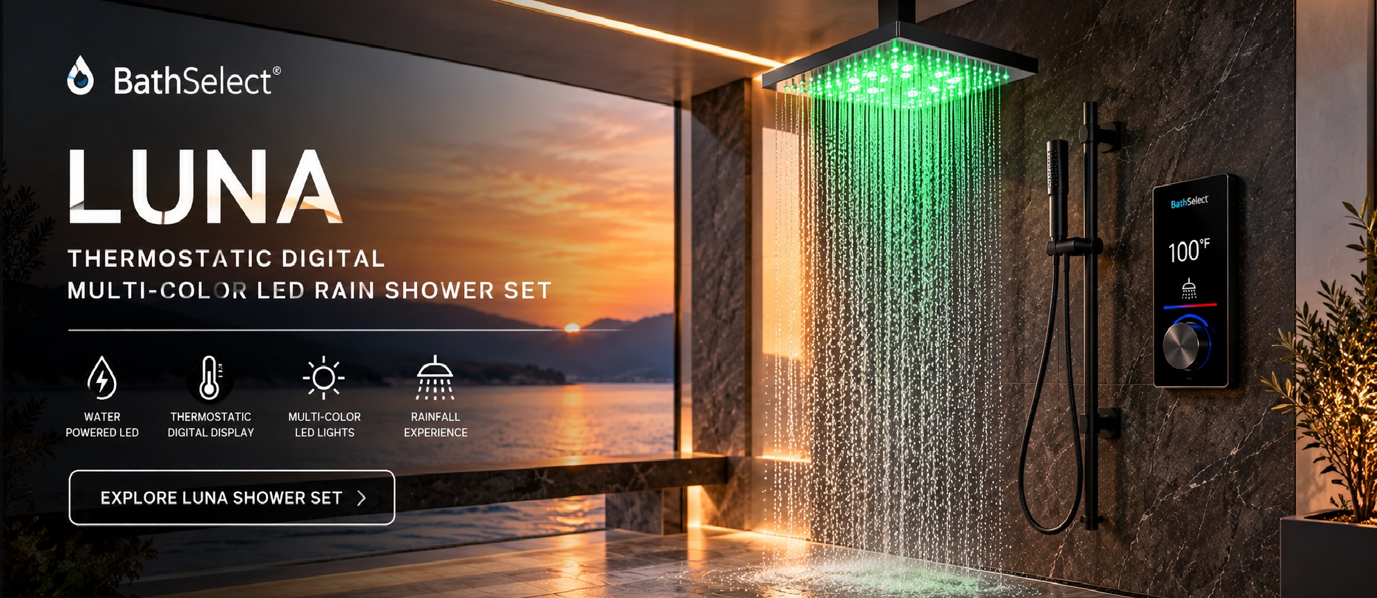 BathSelect Luna thermostatic digital multi-color LED rain shower set � full width hero