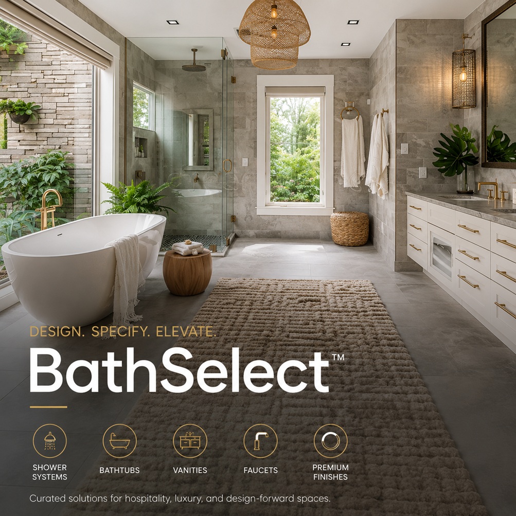 BathSelect luxury bathroom with shower systems, bathtub, vanity, faucets, and premium finish options