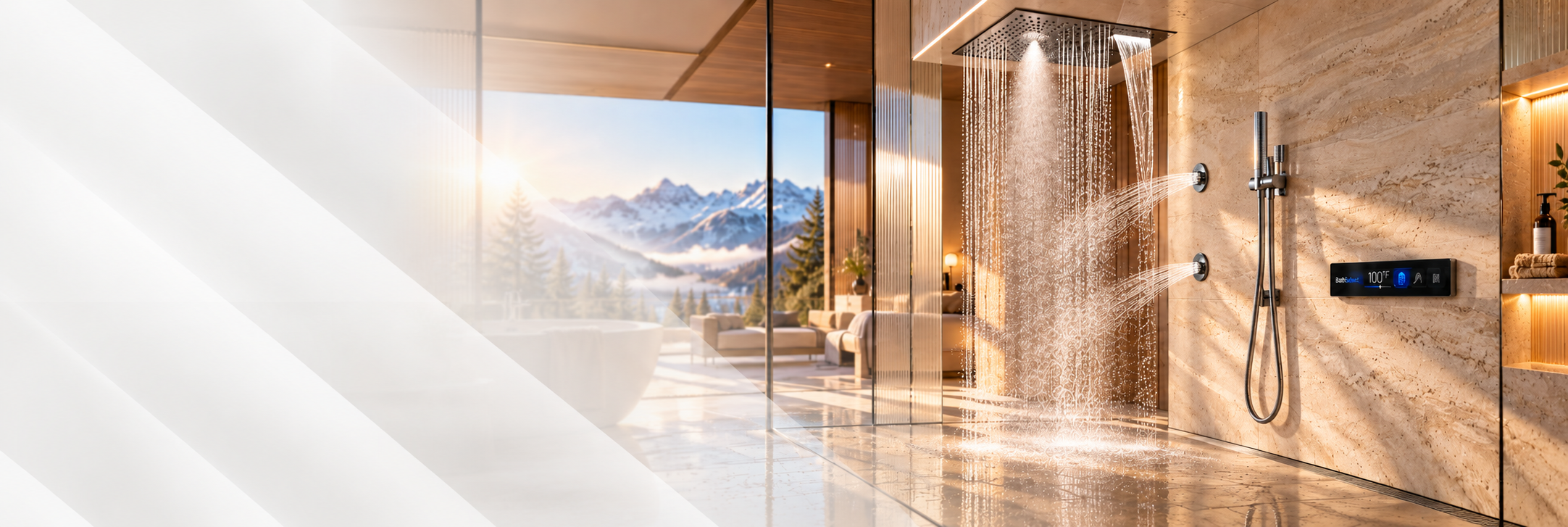BathSelect multifunction rainfall and waterfall shower system in a luxury mountain-view master bathroom