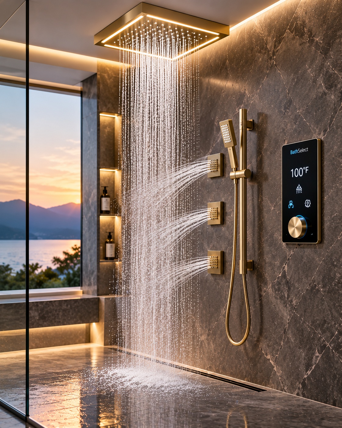 BathSelect luxury digital shower system with rainfall shower, body jets, handheld shower and digital controller