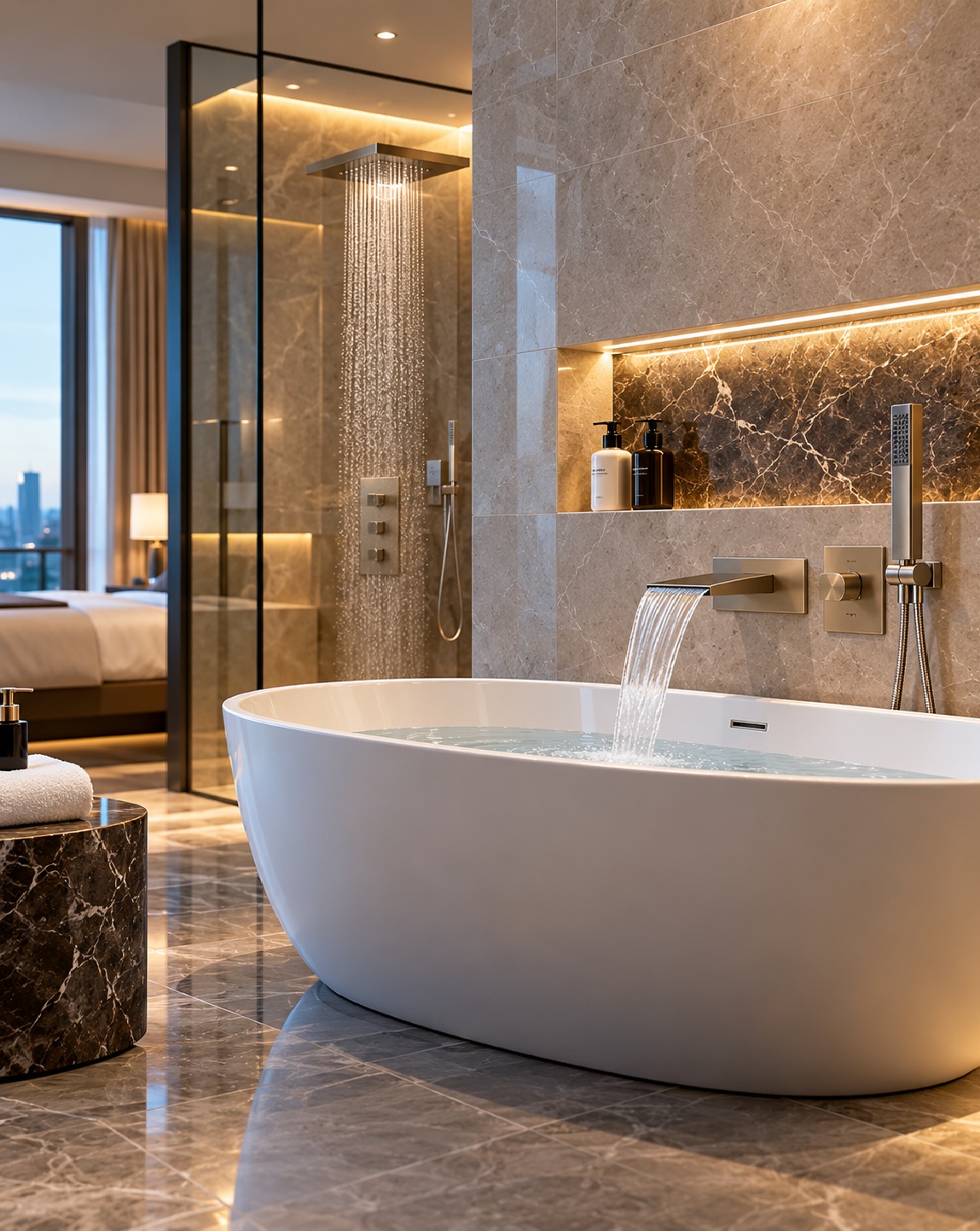 BathSelect luxury hotel bathtub collection with freestanding bathtub, waterfall filler and coordinated shower