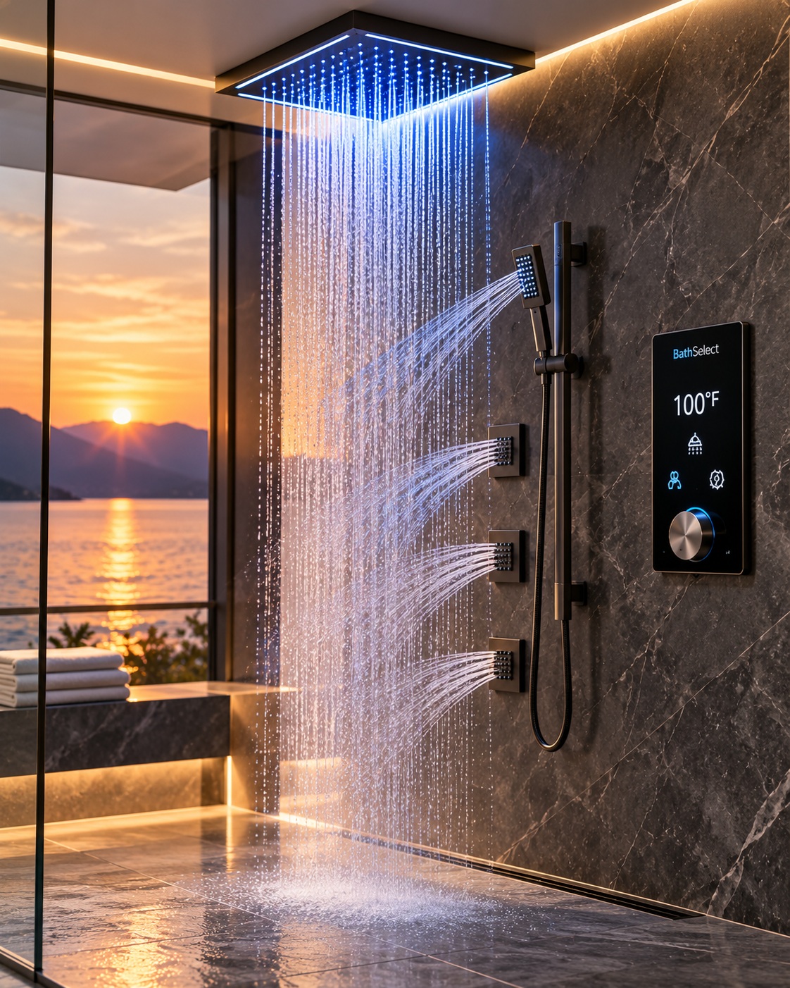 BathSelect luxury LED digital shower system with illuminated rainfall shower, body jets, handheld shower and digital control