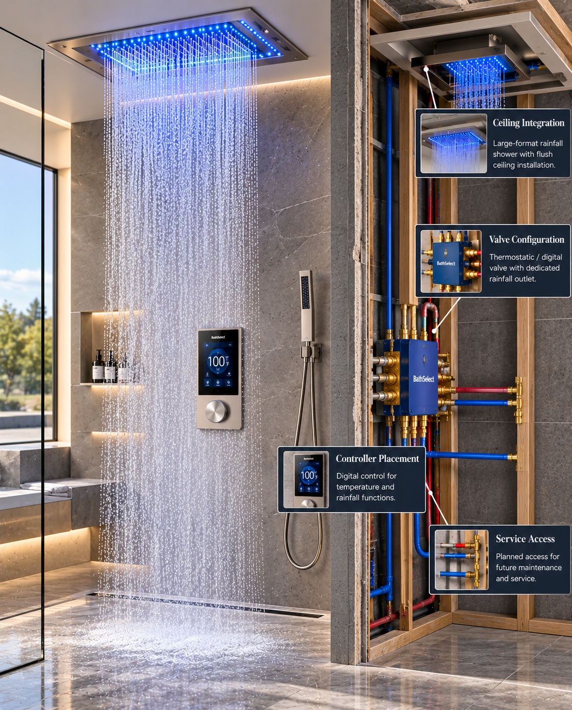 BathSelect luxury rainfall smart shower configuration showing ceiling integration digital controller valve configuration and concealed service access