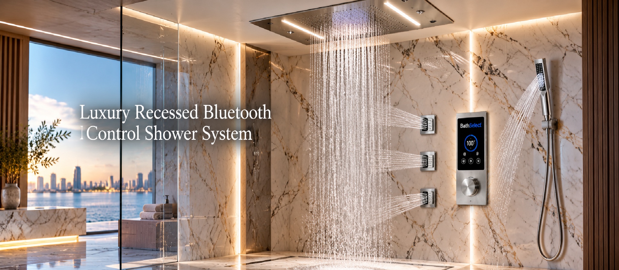 BathSelect luxury recessed Bluetooth control shower system with digital controller, rainfall shower, body jets and connected controls