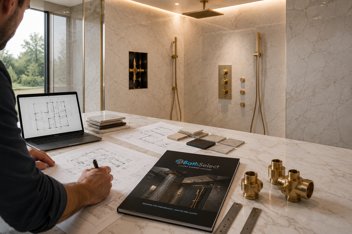 BathSelect luxury shower system planning with coordinated water pressure valves mounting locations and service access