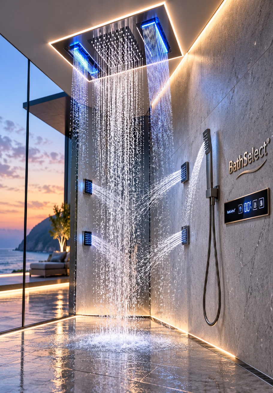 BathSelect luxury smart digital shower system with illuminated rainfall shower, body jets, handheld shower and digital control