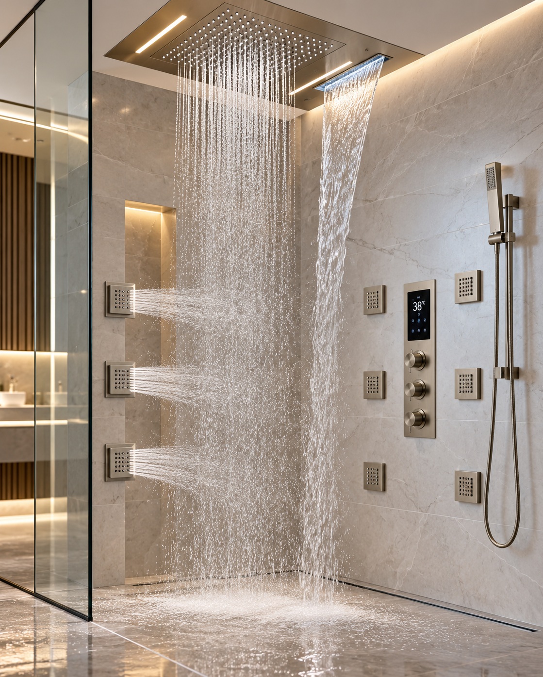 Luxury SPA shower system with rainfall head, waterfall outlet, and body massage jets