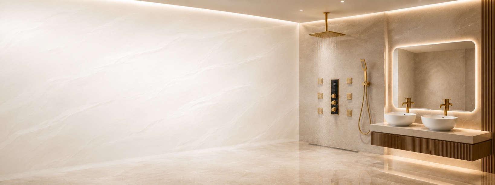 BathSelect luxury shower systems with gold shower fixtures and coordinated double vanity