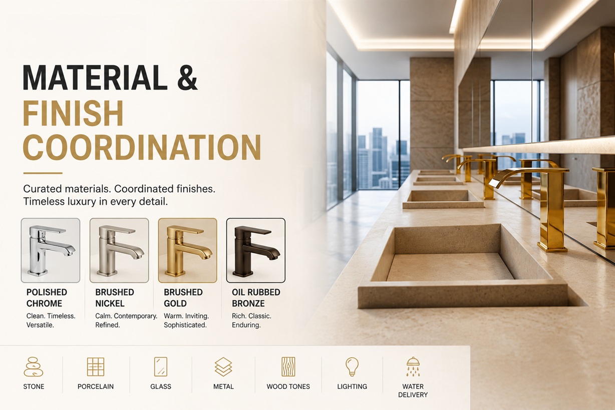 BathSelect material and finish coordination for a luxury bathroom with gold faucets