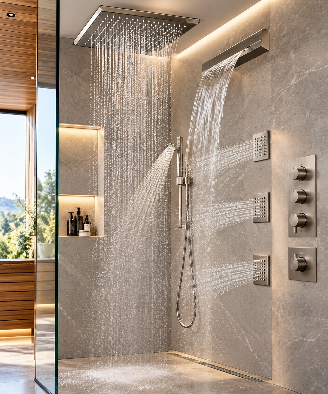 BathSelect multifunctional shower configuration with rainfall waterfall handheld shower and body jets