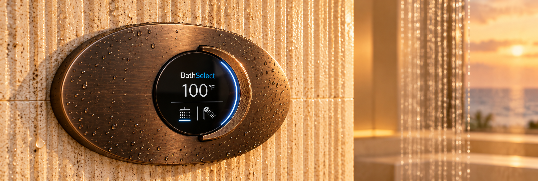 Venetian bronze shower trim plate and mixer controls on fluted stone