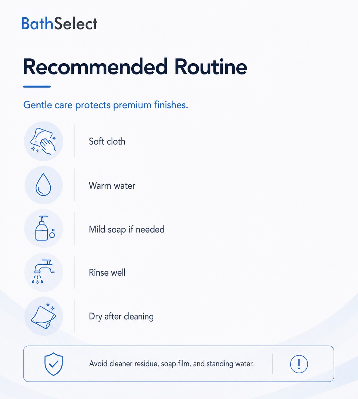 BathSelect premium shower finish requiring gentle cleaning and proper maintenance