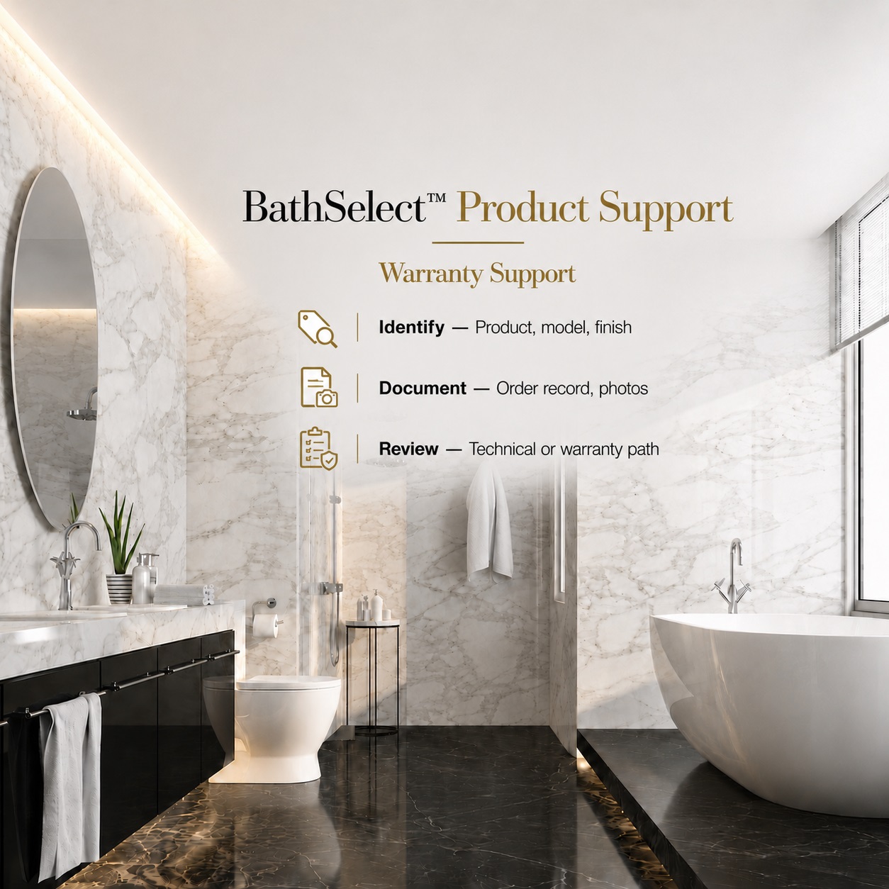 BathSelect premium bathroom fixture with product documentation prepared for warranty and technical support review