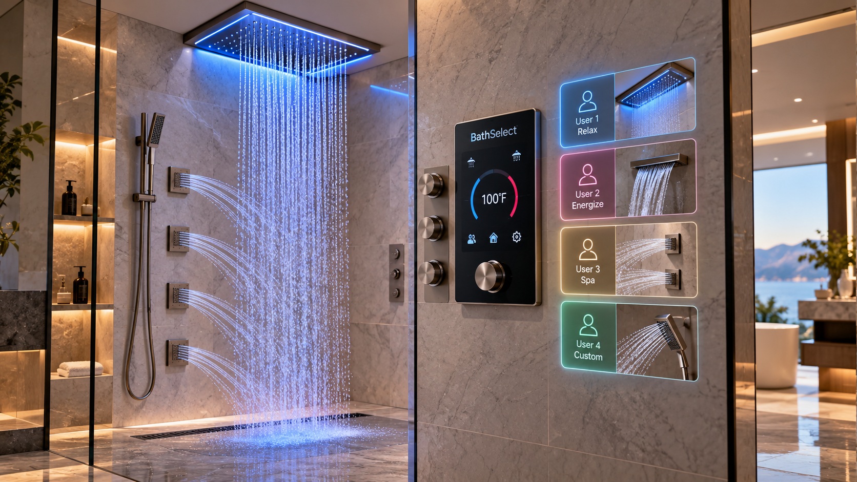 BathSelect smart shower digital control with programmable presets personalized settings and multi-outlet shower configuration