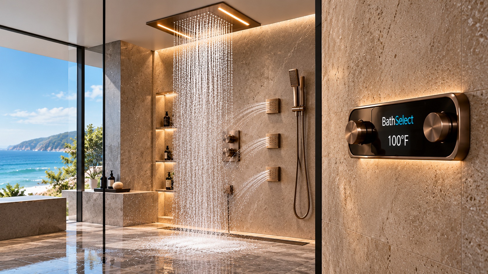 BathSelect recessed Bluetooth shower system with branded digital controller in a luxury architectural bathroom application