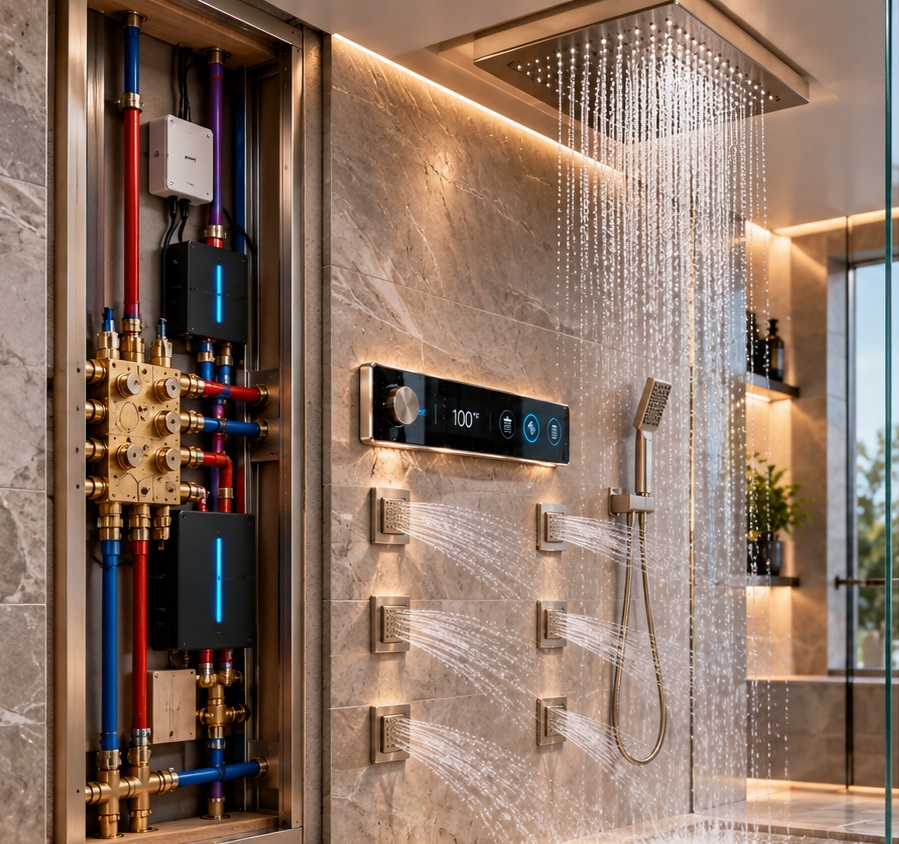 BathSelect recessed smart shower system planning with concealed valve plumbing digital control and service components