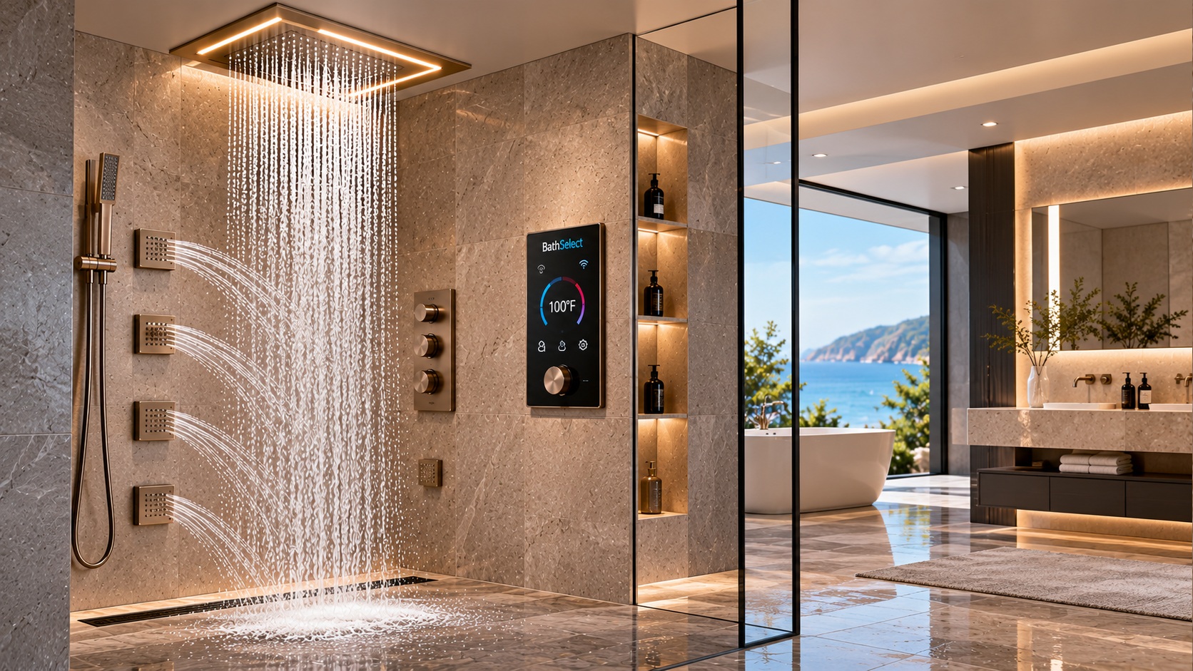 BathSelect smart shower collections with digital controls rainfall shower body jets remote control and connected shower configurations